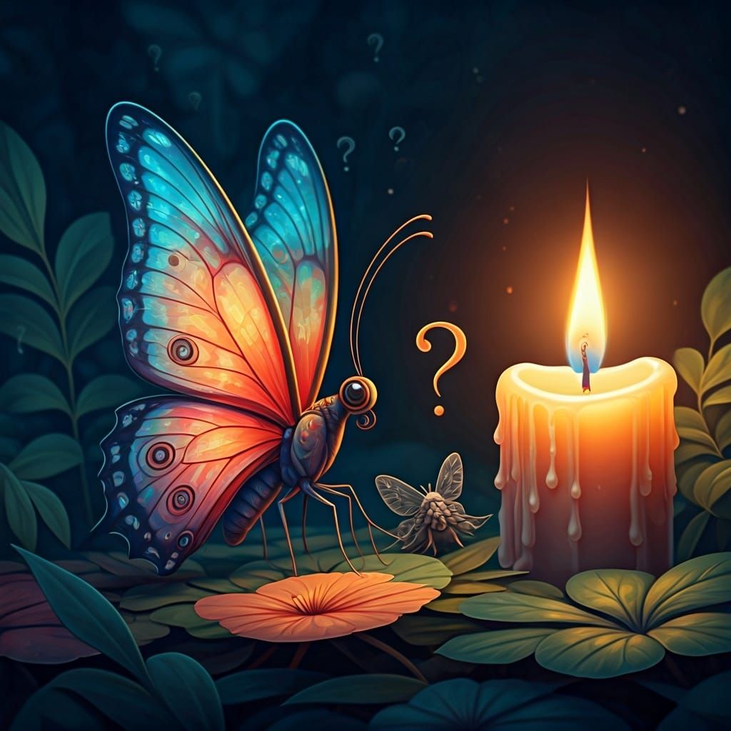 Iridescent Butterfly Observes Moth in Whimsical Garden