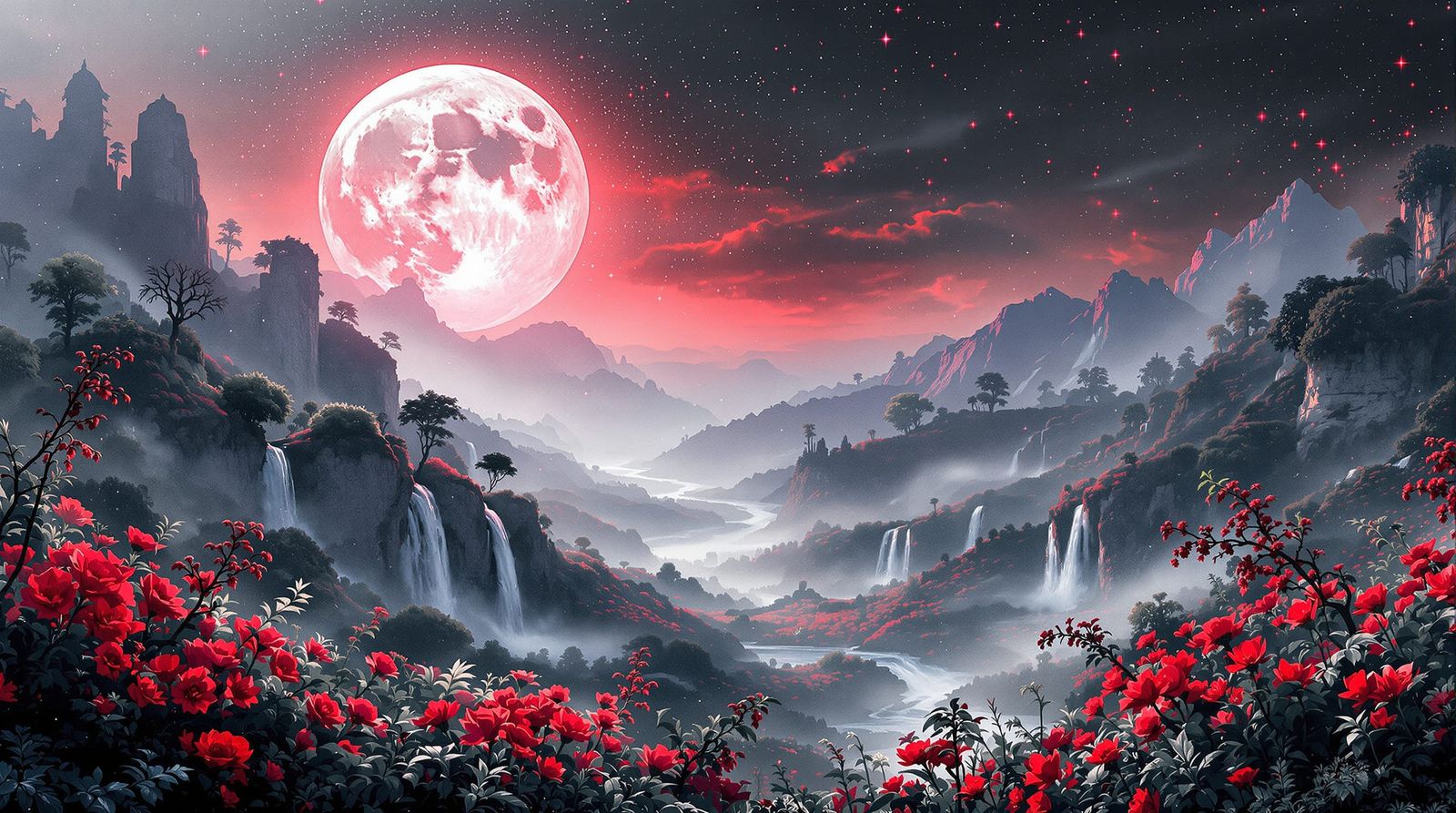 Moonlit Summerscape with Rivers and Waterfalls