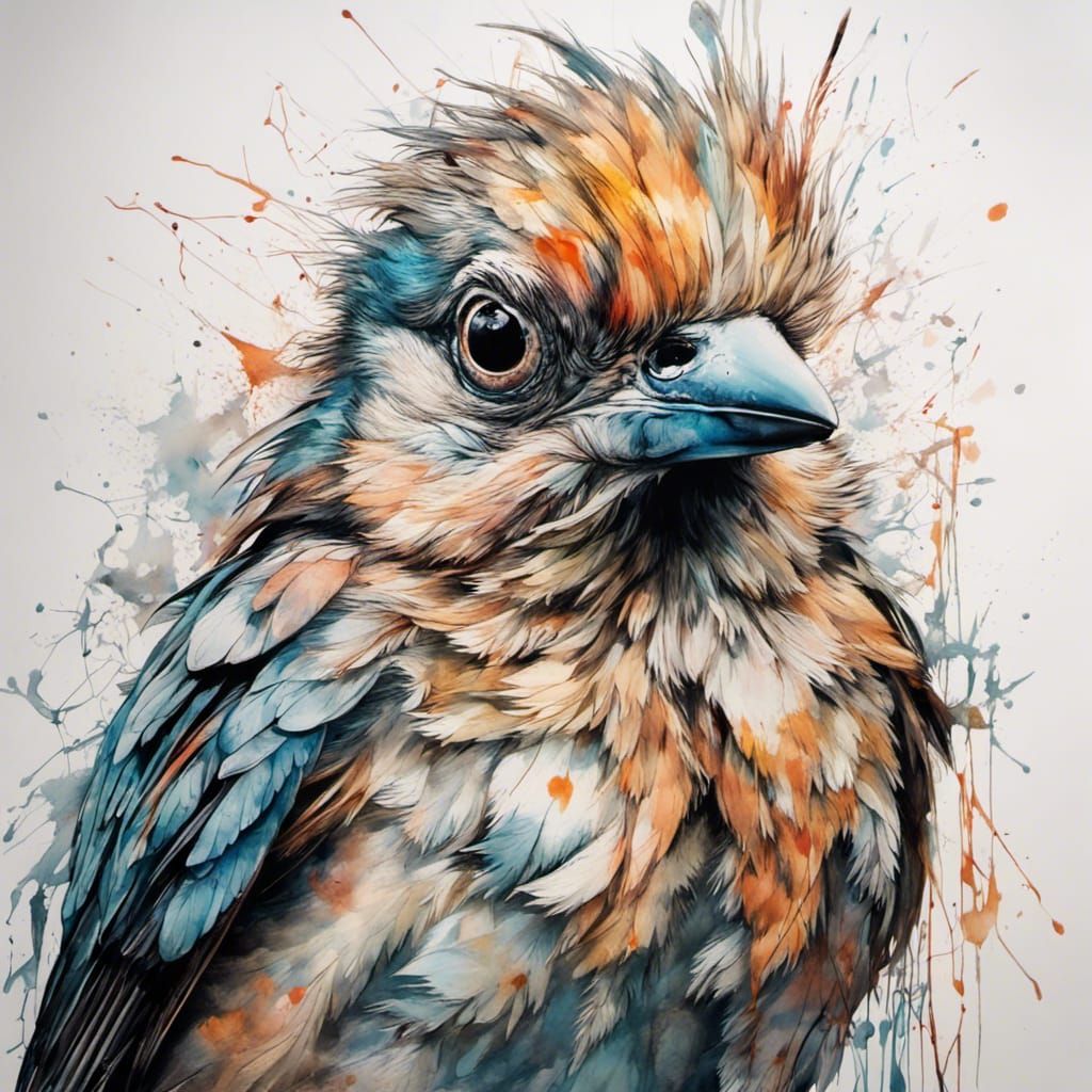 Hyperrealistic Bird with Ink Blot Details