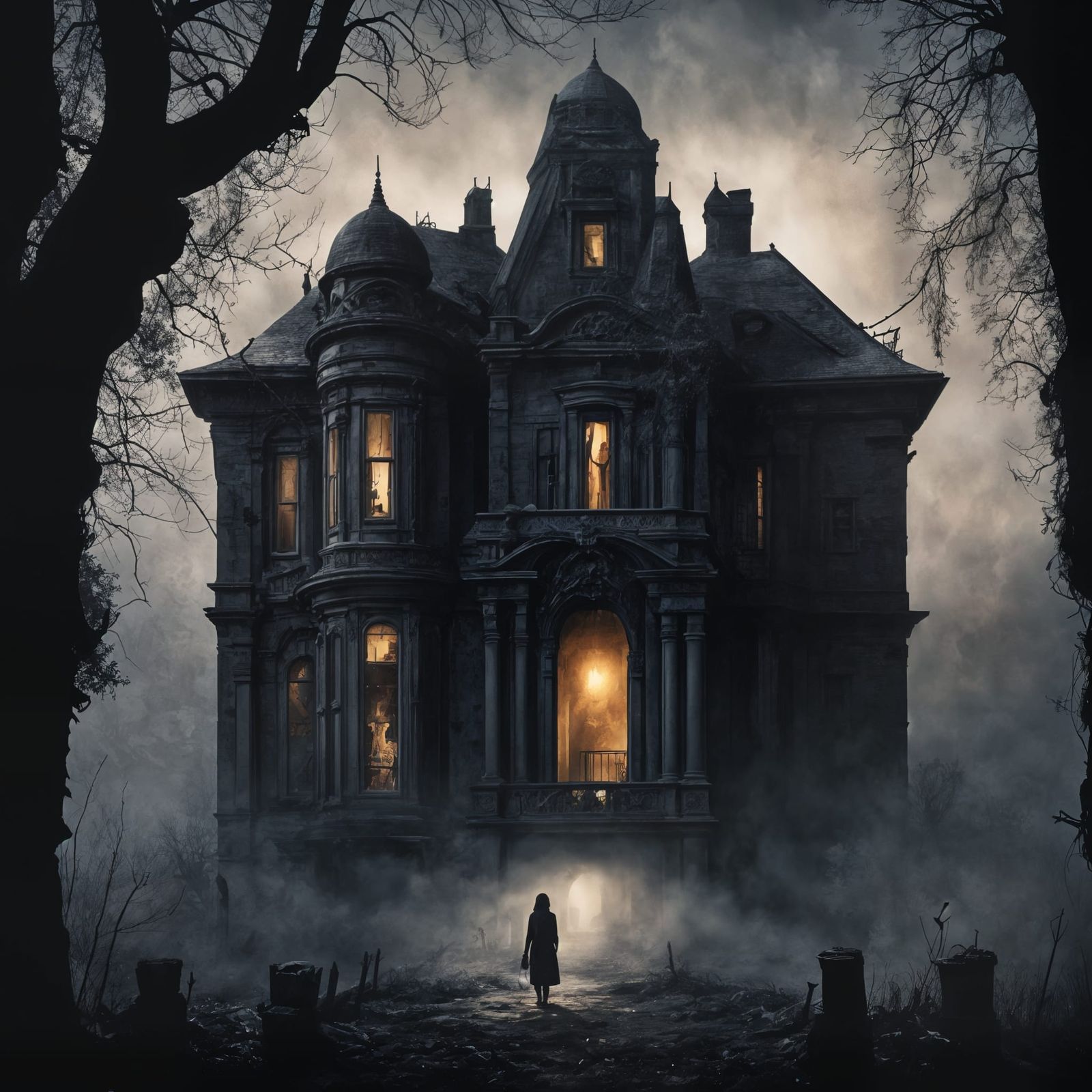 Ethereal Mansion Shrouded in Midnight Fog