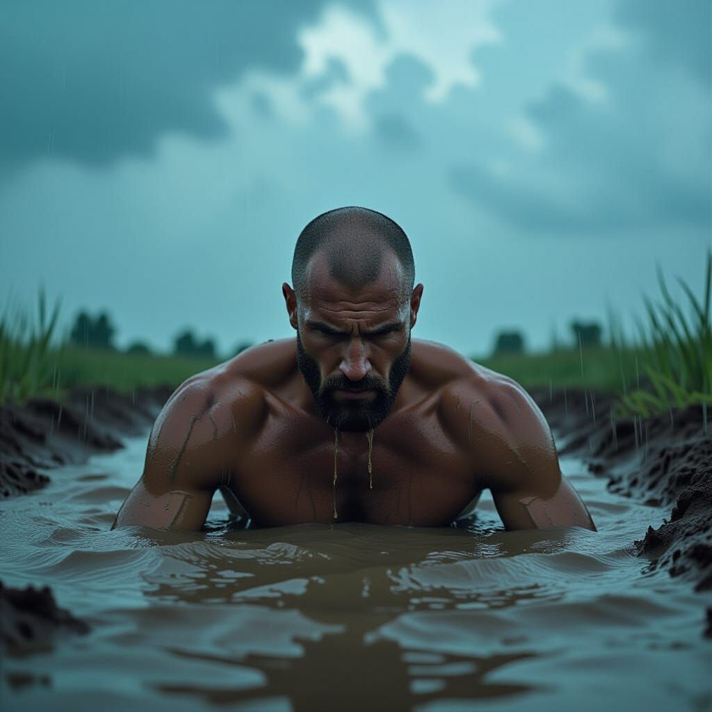 Muscular Man Sinking in Mud Under Dramatic Sky