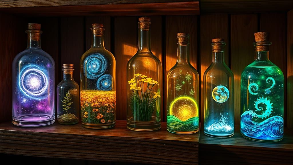 Magical Potion Bottles on a Wooden Shelf