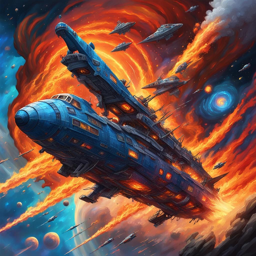 Spaceship Crashing into Fiery Vortex: Cosmic Concept Art