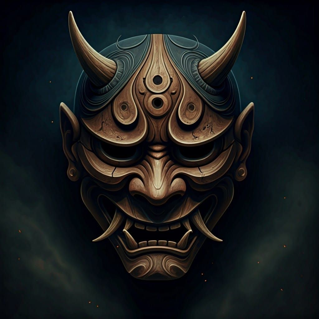 Ancient Brown Oni Mask in Dramatic Chiaroscuro