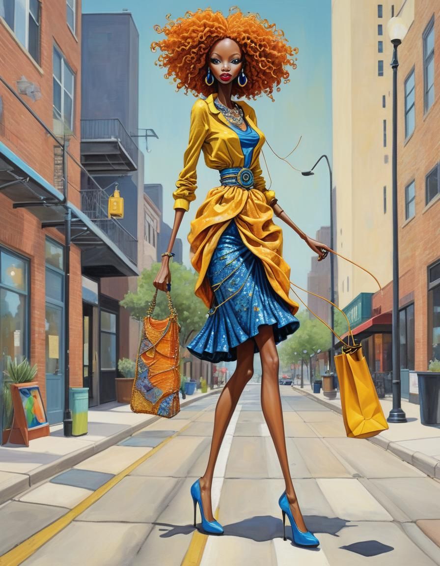 Exuberant Stick-Figure Woman in Dallas: Mixed Media Art