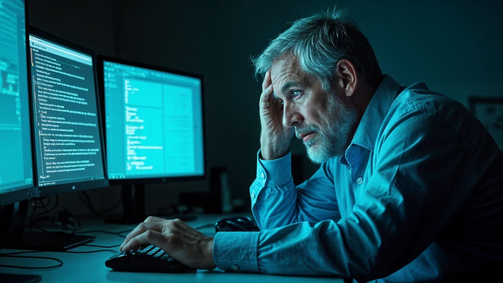 Man Pores Over Data in Dark Office