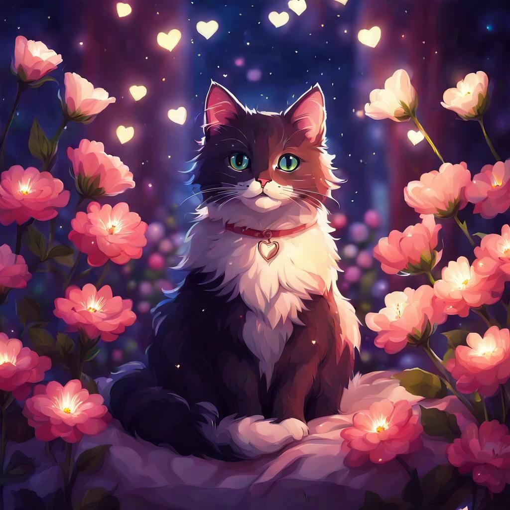 Cute Cat Surrounded by Flowers in Pixel Art Style