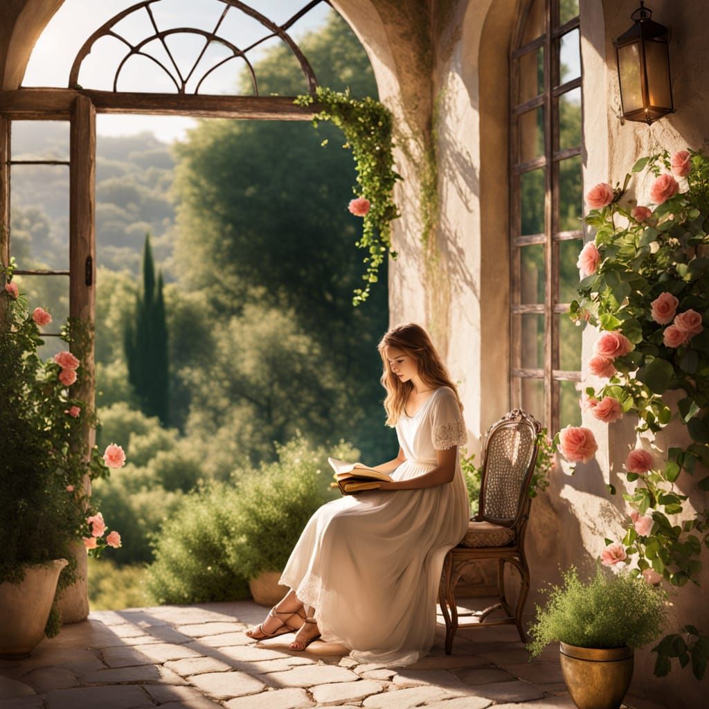 Mediterranean Woman Reading by Window in Rustic Style