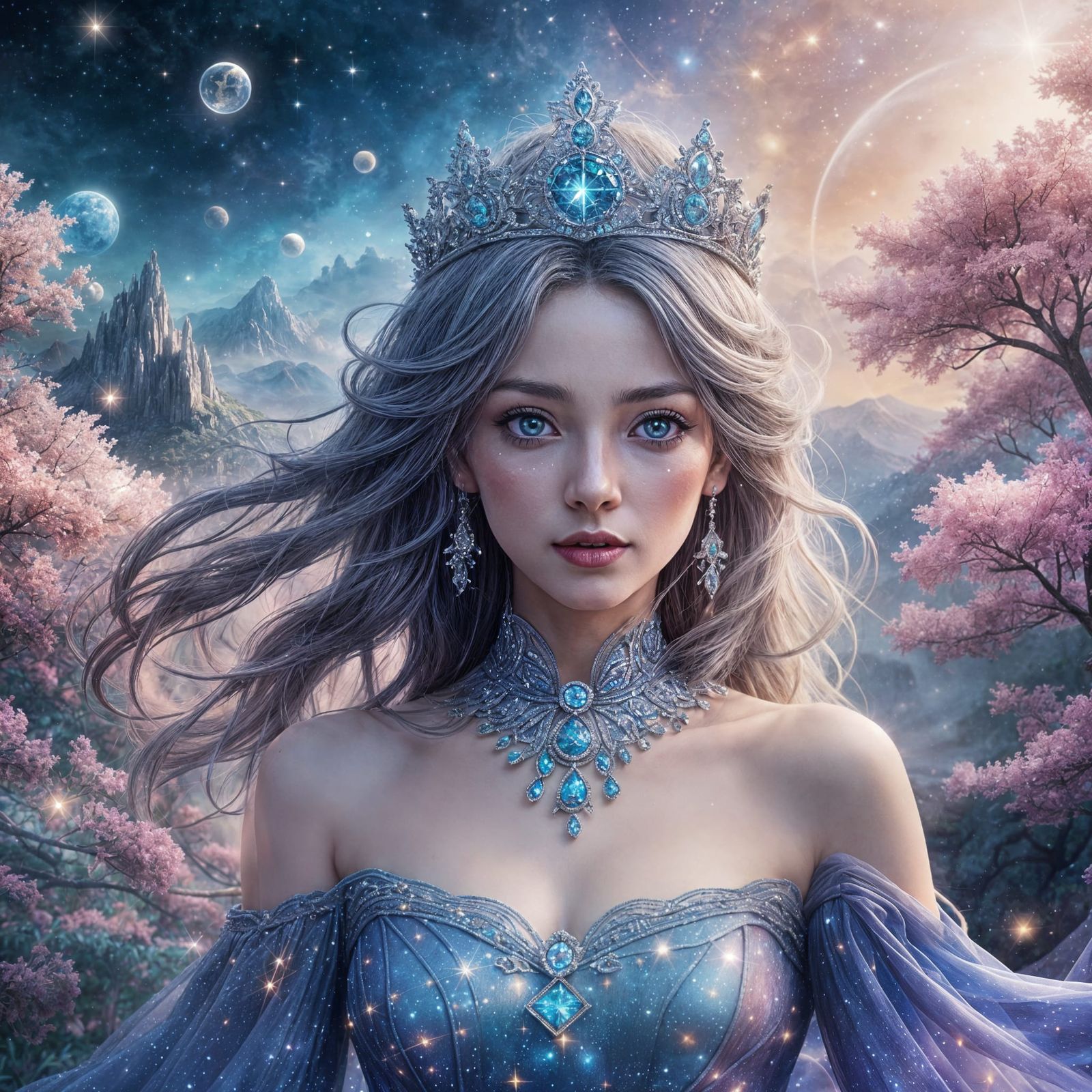 Princess Shines Among Starry Galaxies in Cyberpunk Aesthetic