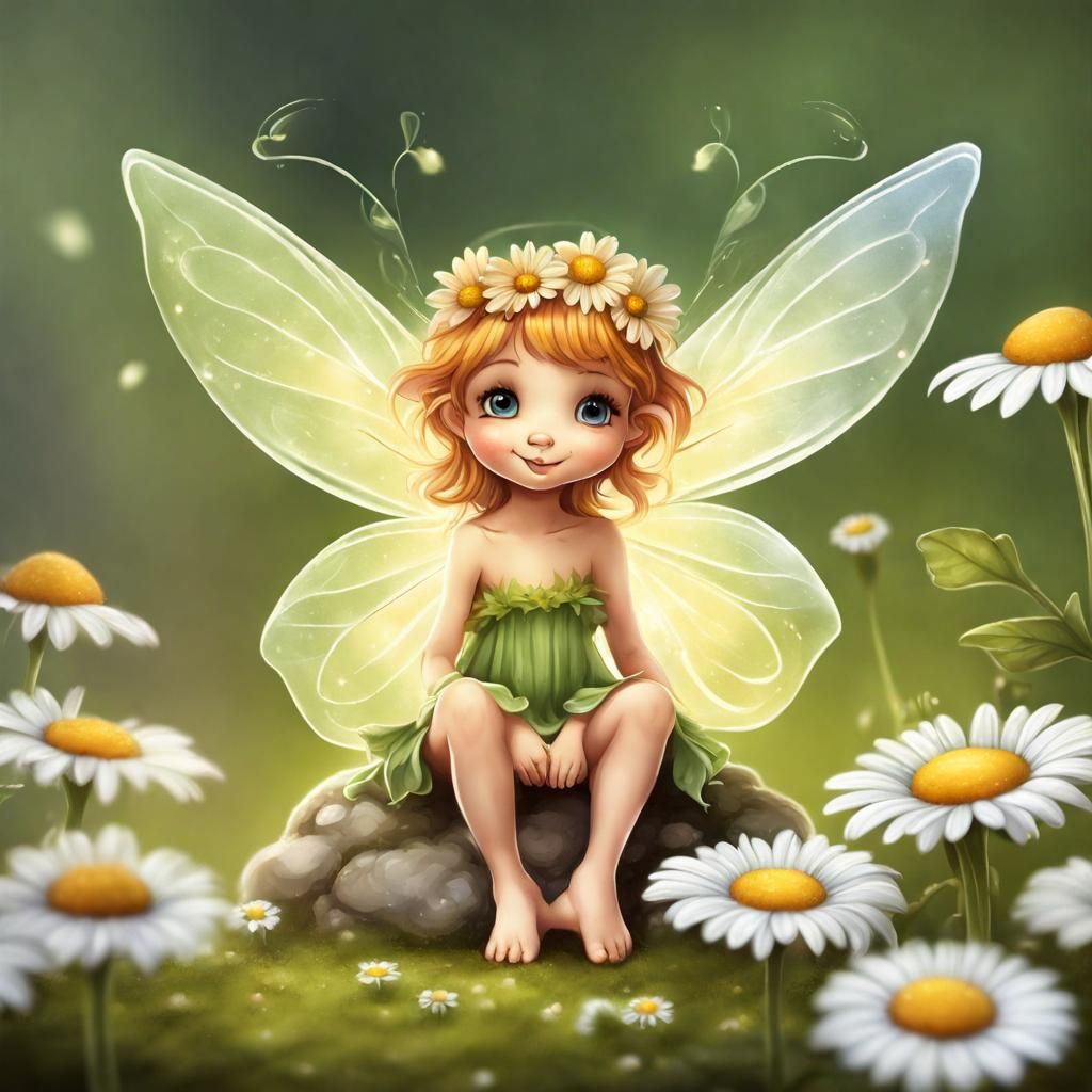 a cute little fairy sitting on a daisy flower