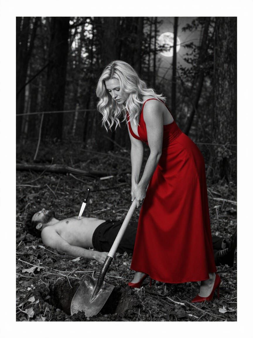 Woman in Red Dress Digs Grave in Moonlit Forest