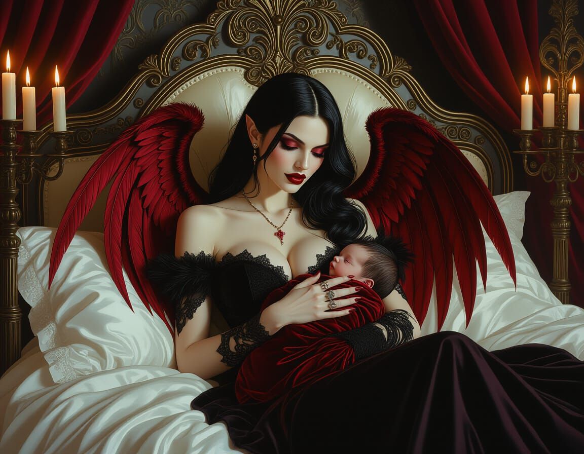 Vampire Mother and Winged Newborn in Gothic Setting