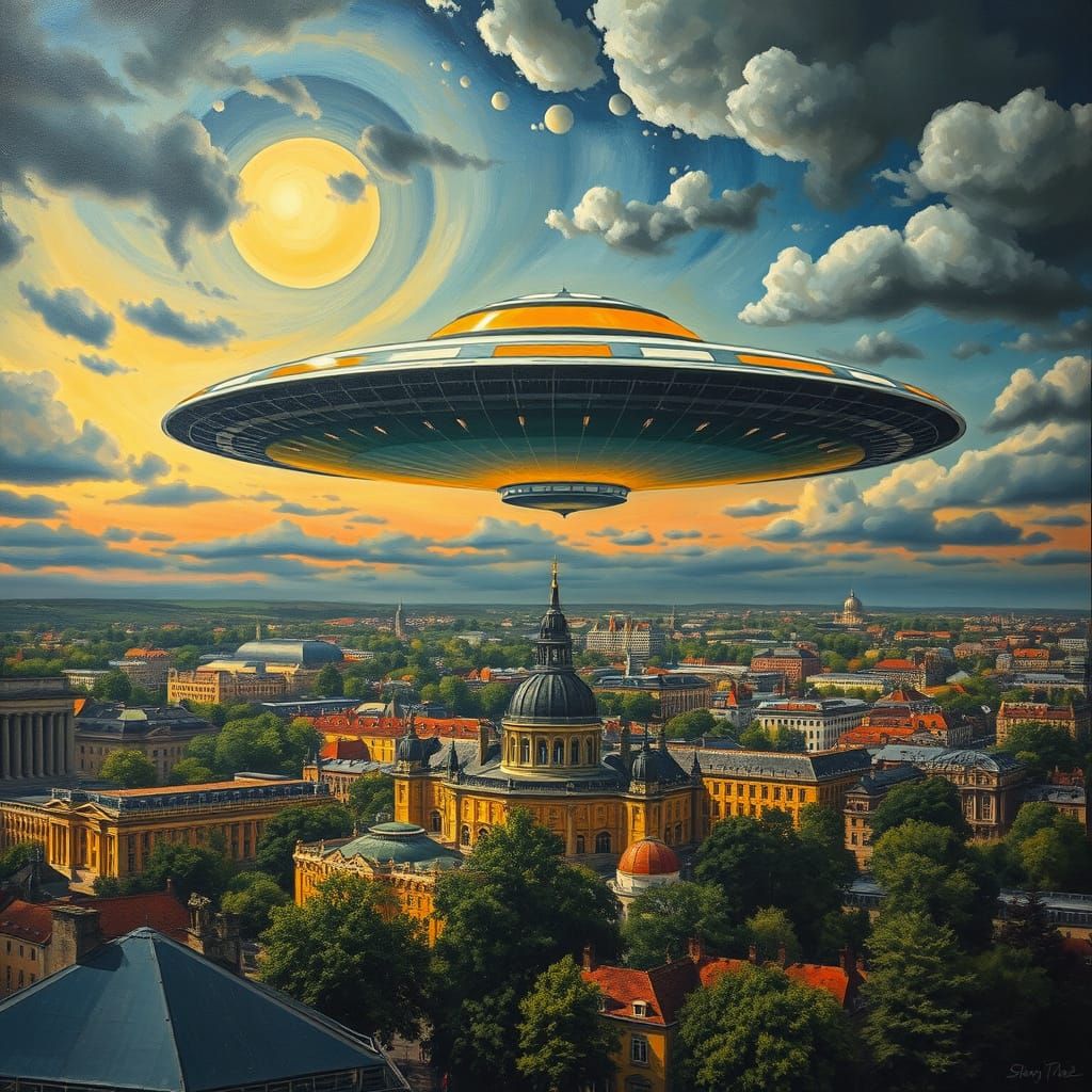 Giant UFO Over Dresden in Acrylic Paint Style