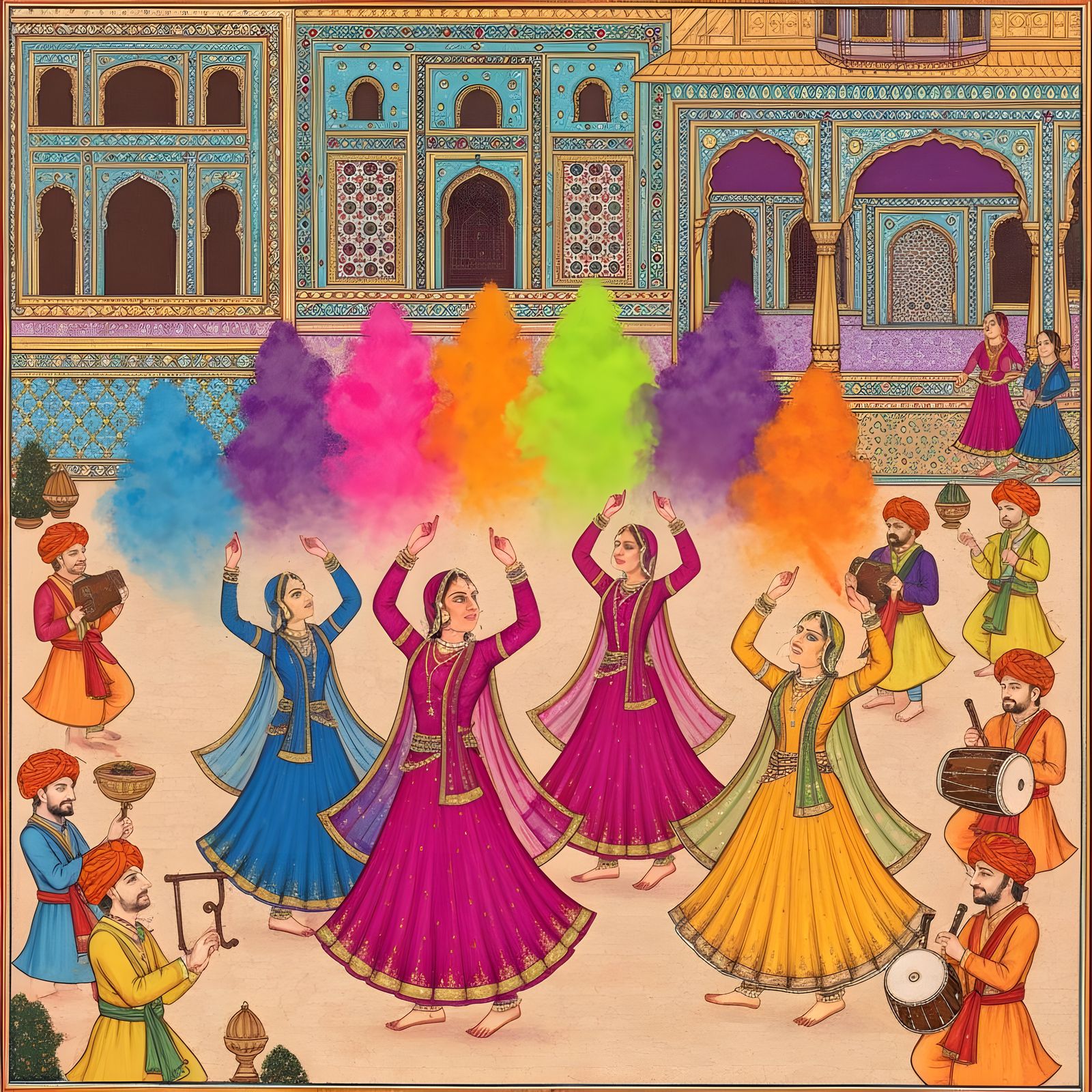 Vibrant Holi Festival in Rajasthani Miniature Style