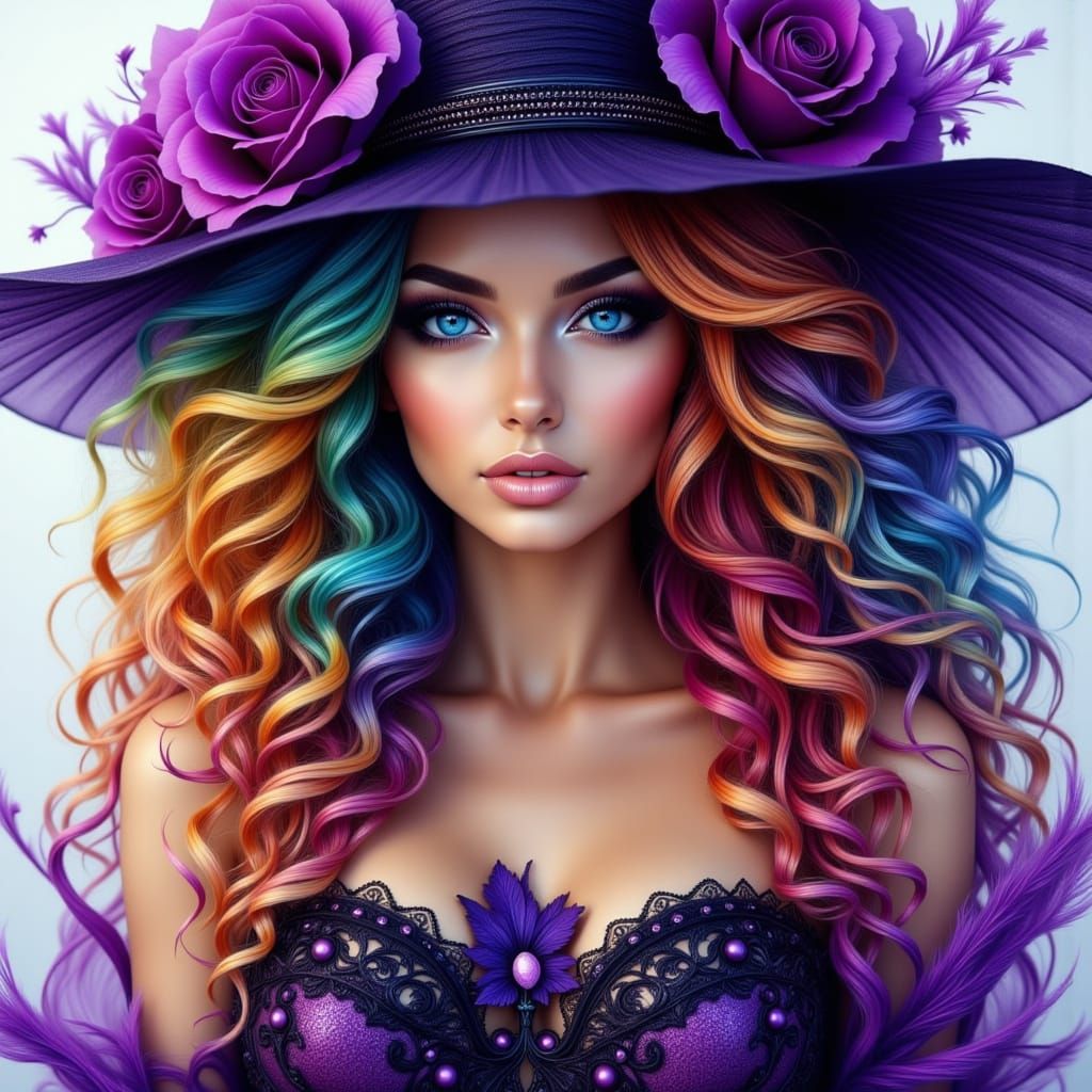 Surreal Lilith with Rainbow Hair and Fancy Hat