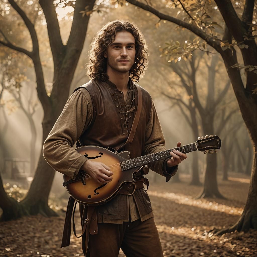 Medieval Minstrel with Mandolin in Golden Light