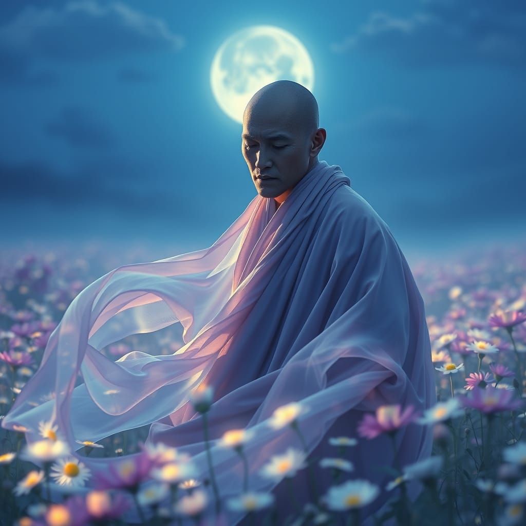 Monk in Glowing Flower Field, Digital Matte Painting