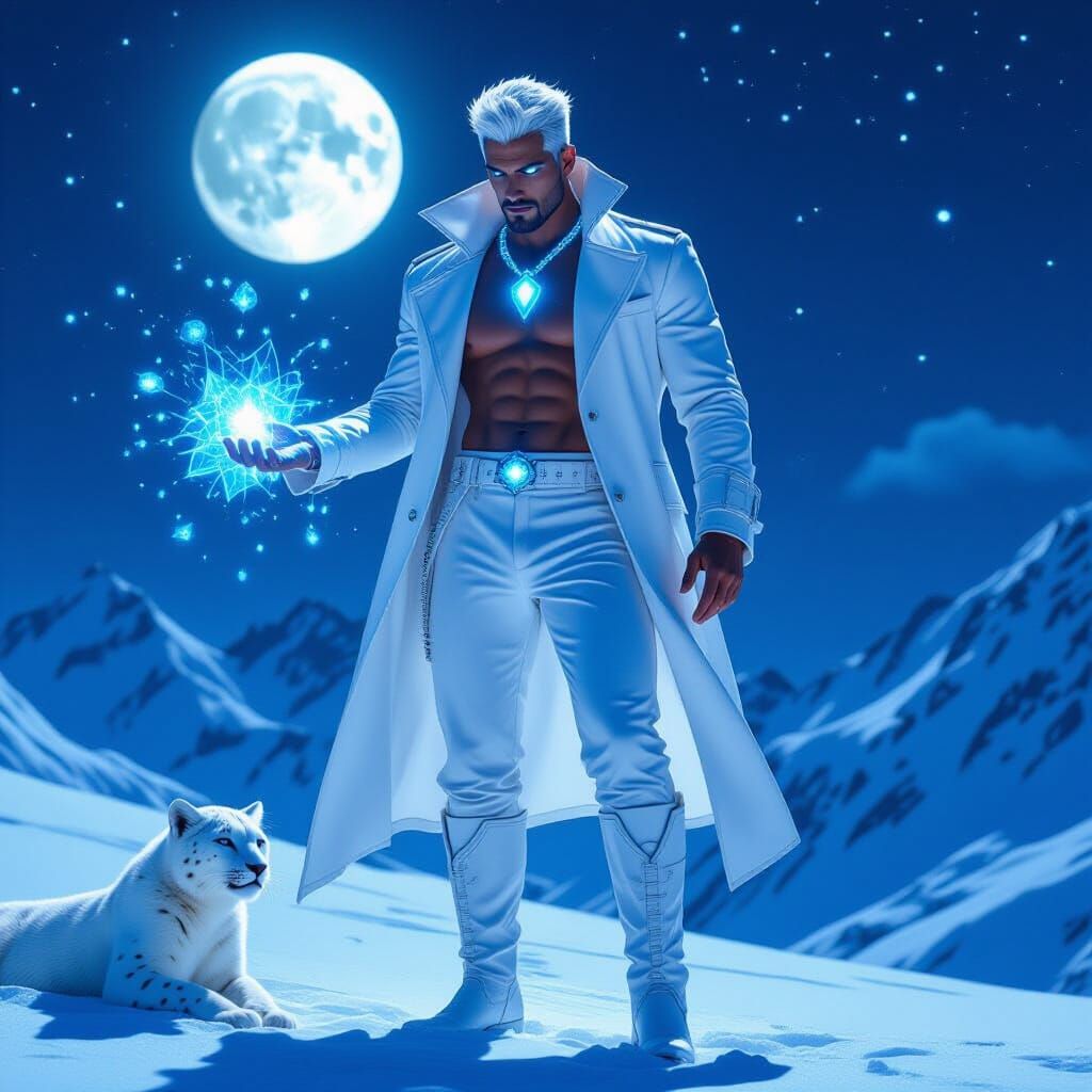 Godlike Figure on Snowy Mountain in Dystopian Style