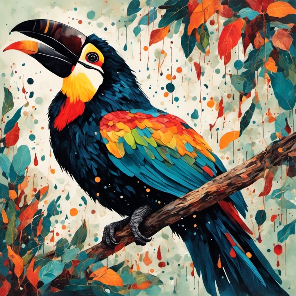 Gouache Collage of Giant Toucan Zoo Escape