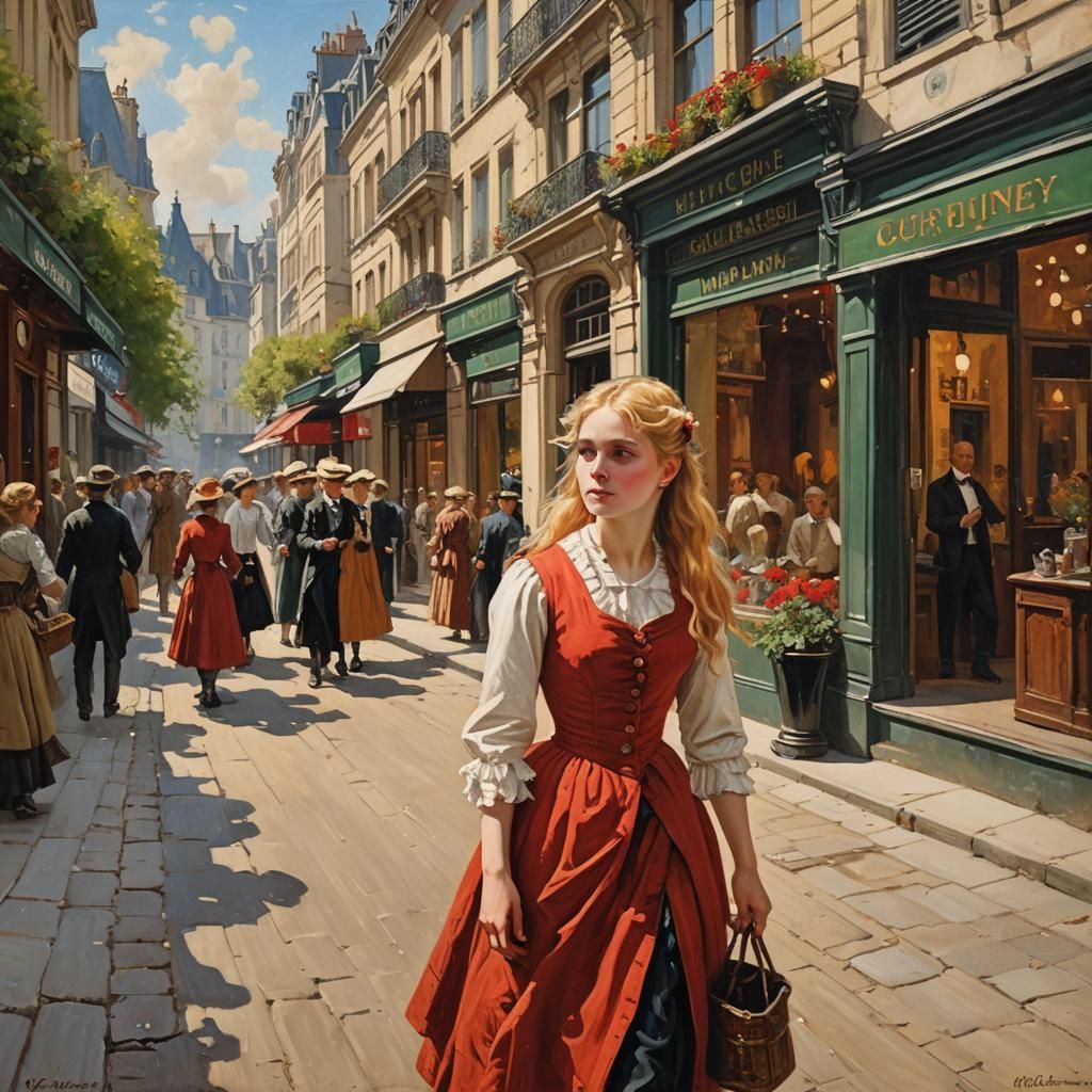 Victorian Girl Window Shopping in Paris: Oil Painting