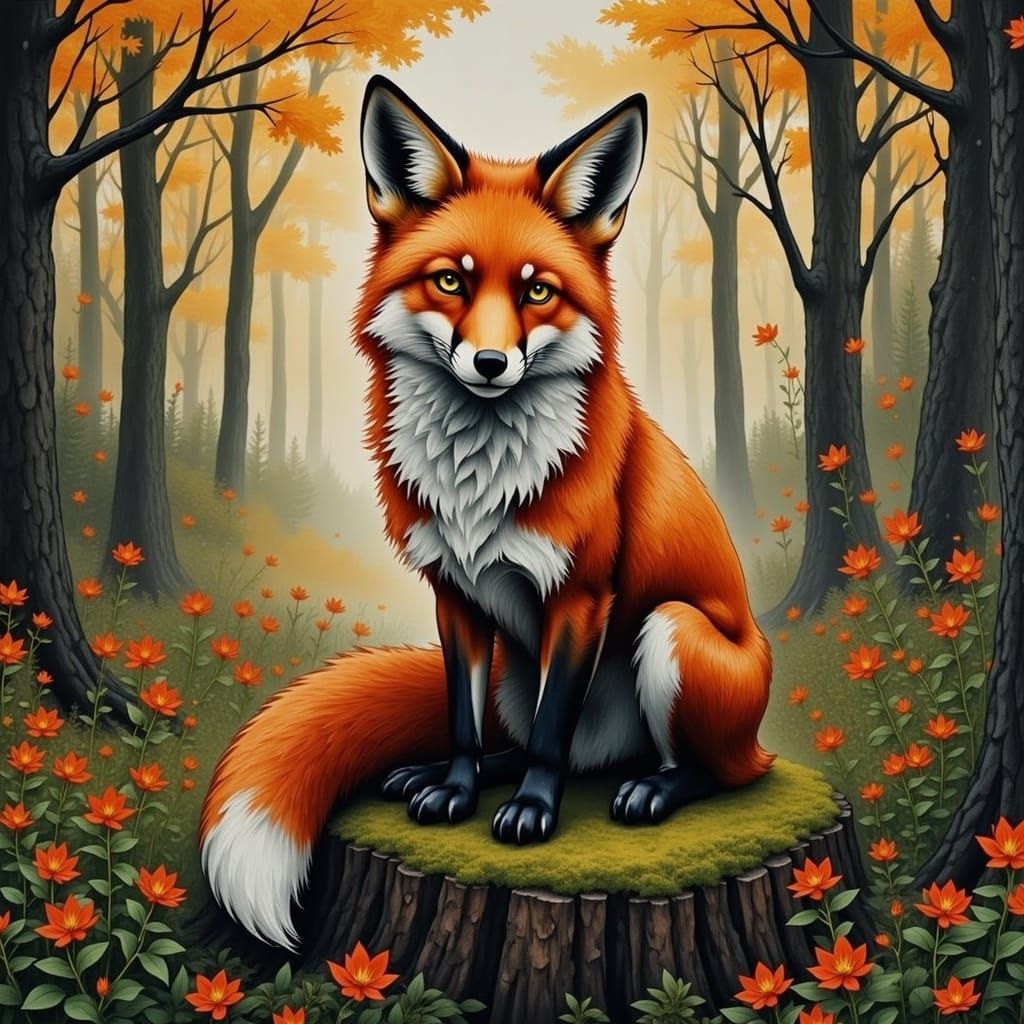 Red Fox in Mystical Forest, Mixed Media Style