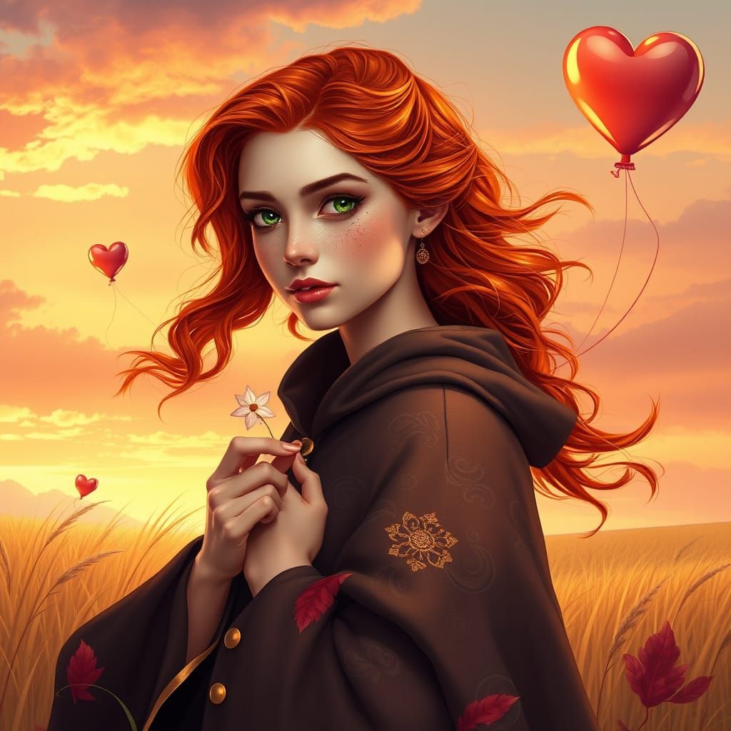Ethereal Autumn Goddess with Fiery Locks and Delicate Balloo...