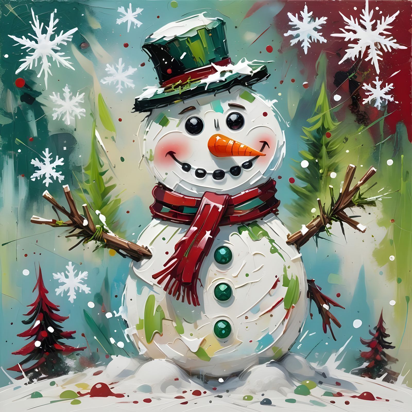 Vibrant Chibi Snowman in Abstract Landscape
