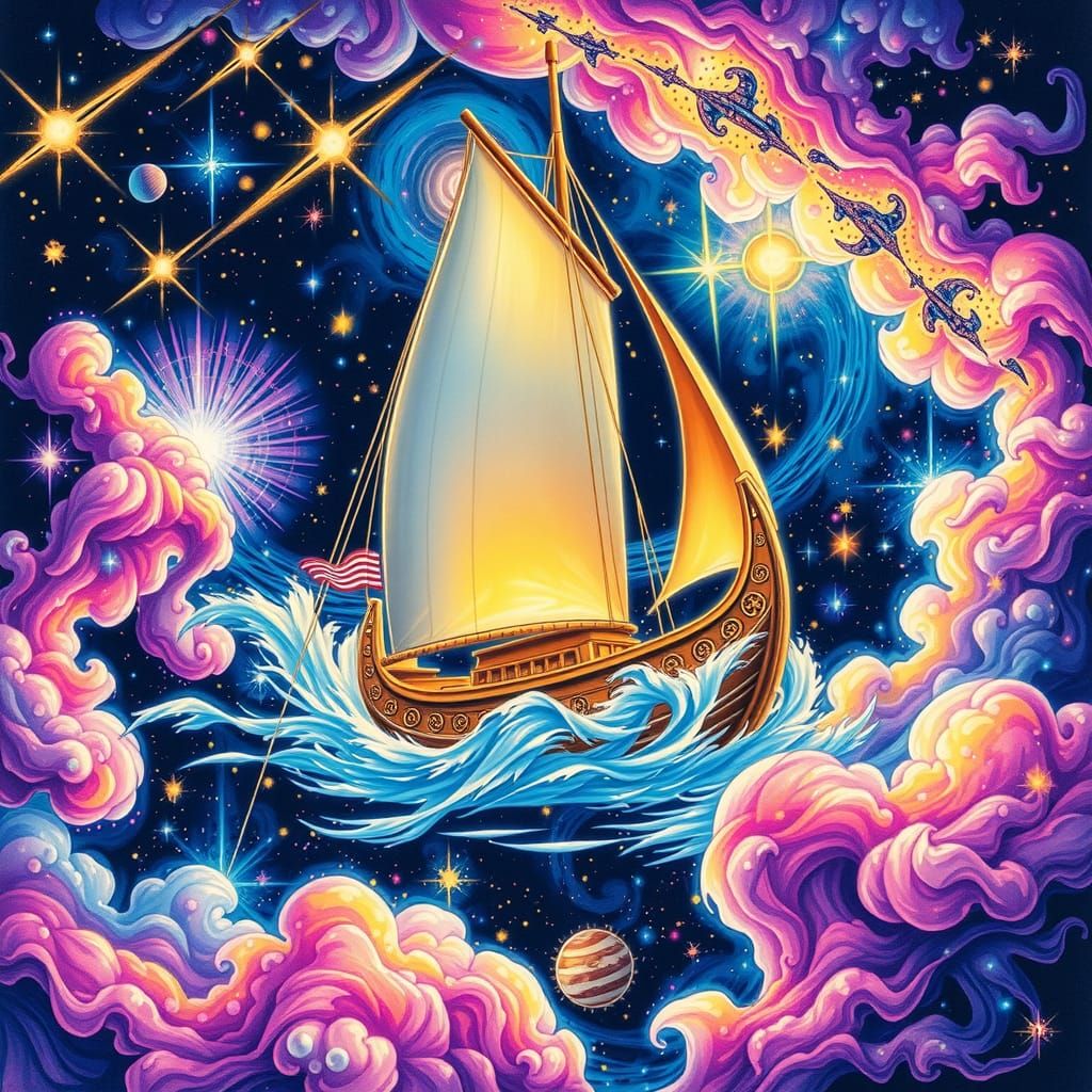 Cosmic Sailboat Journey Through Starry Nebula