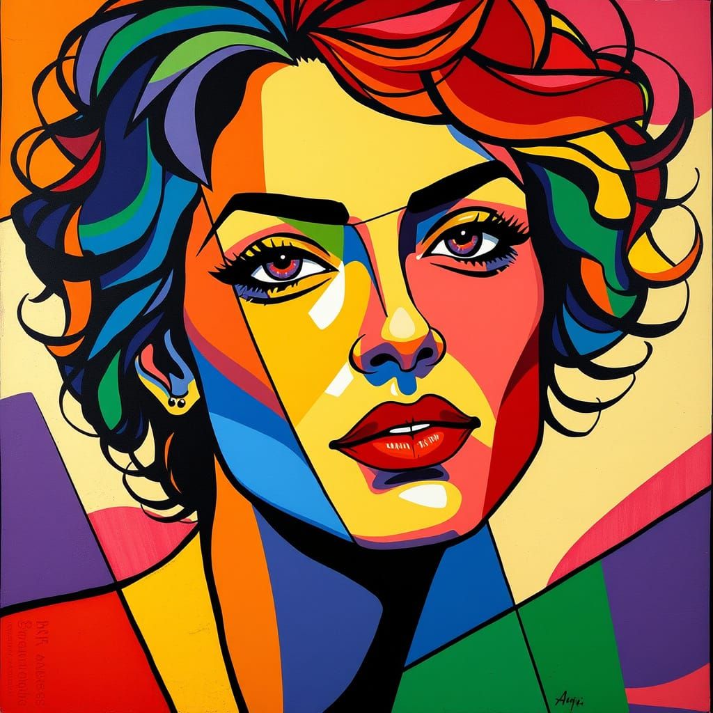 Cubist Portrait of a Woman with Rainbow Curls