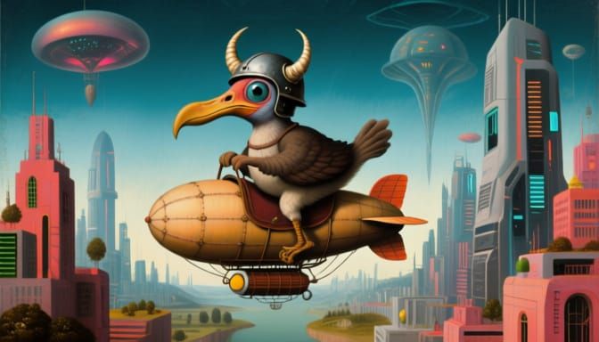Extraterrestrial Dodo Bird Rides Zeppelin Over Futuristic Ci...