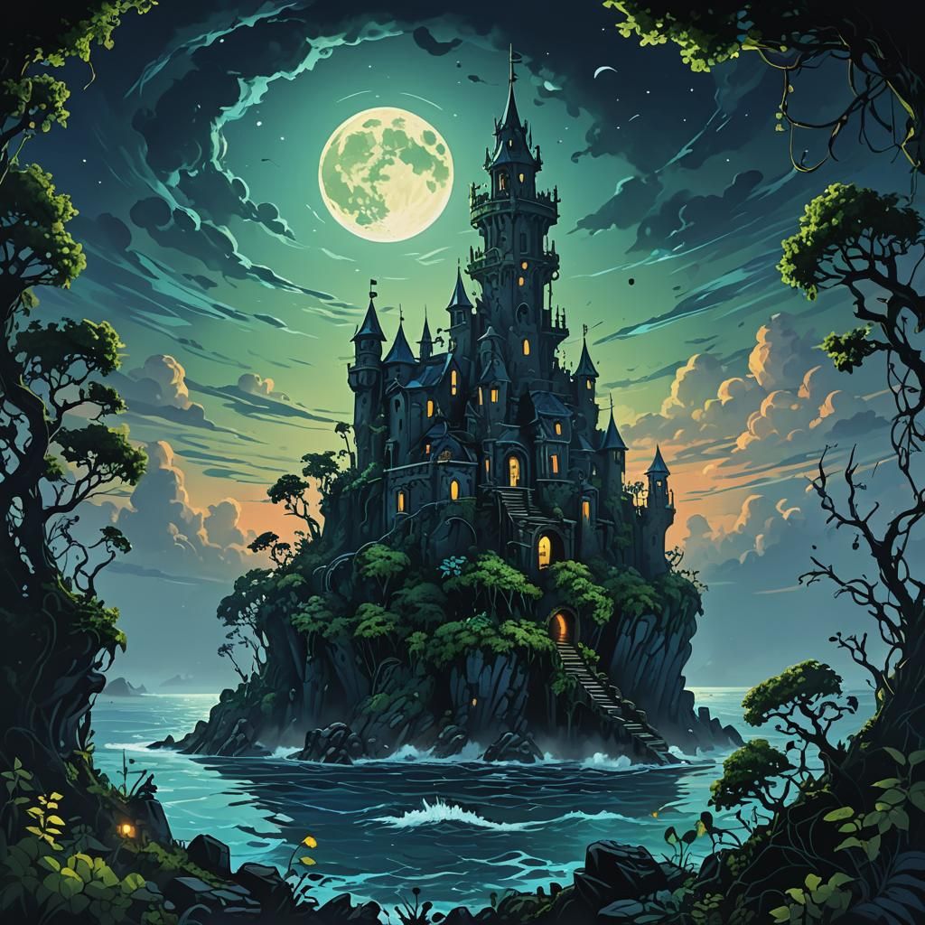 Moonlit Island Fortress with Gothic Ruins