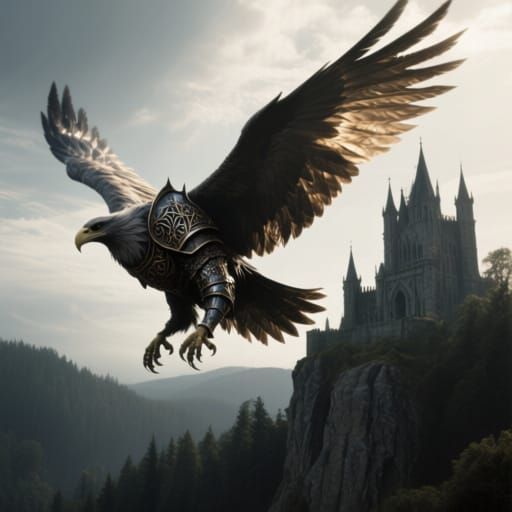 Griffin Soaring Above Gothic Castle in Photorealistic Style