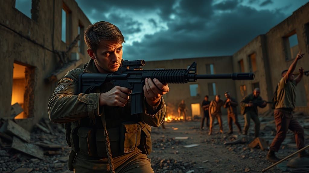 Soldier Stands Guard in Abandoned Post-Apocalyptic Building
