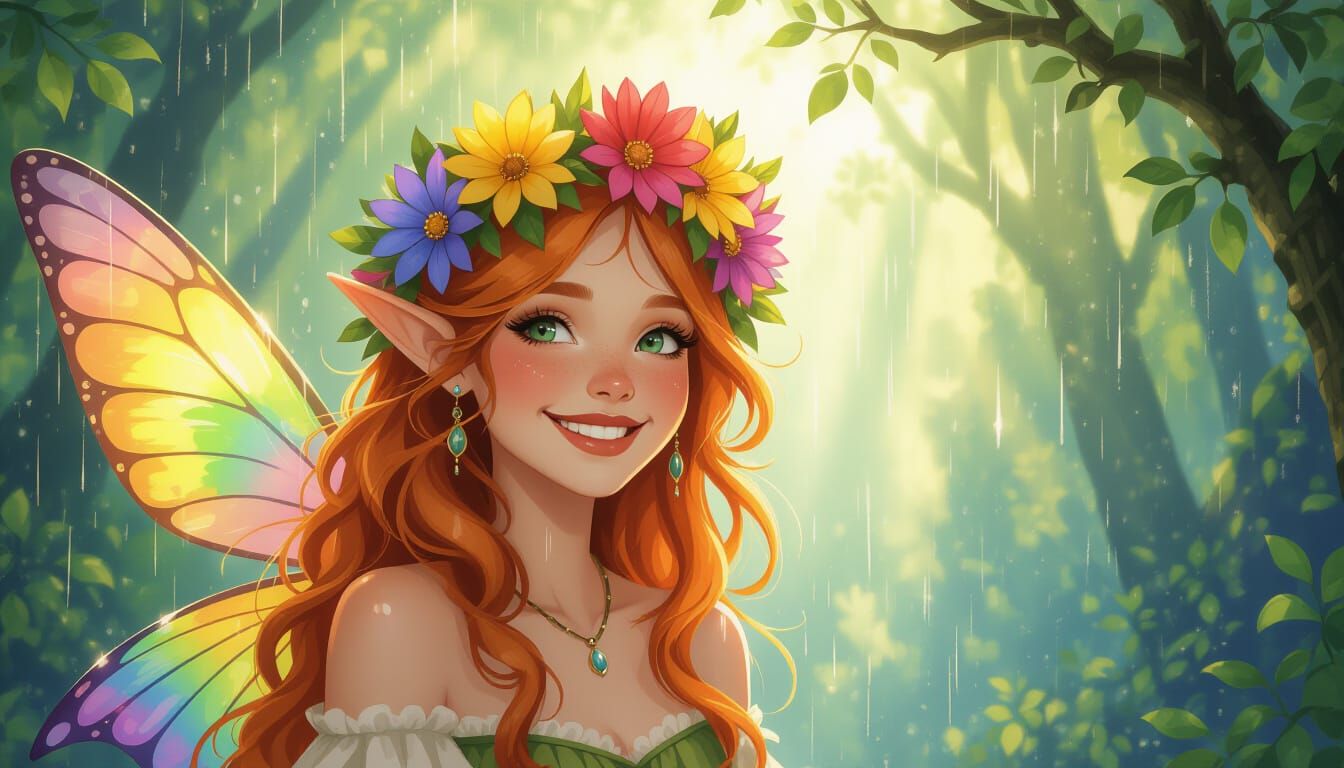 Ginger Faerie In Boho Style Enjoys Rainbow Rain