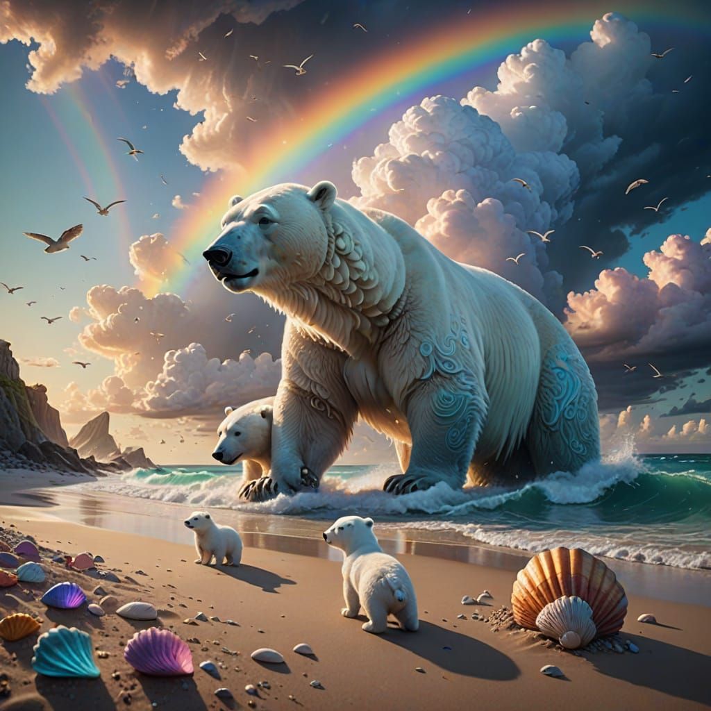 Cloud Polar Bears Connect on Dreamlike Shoreline