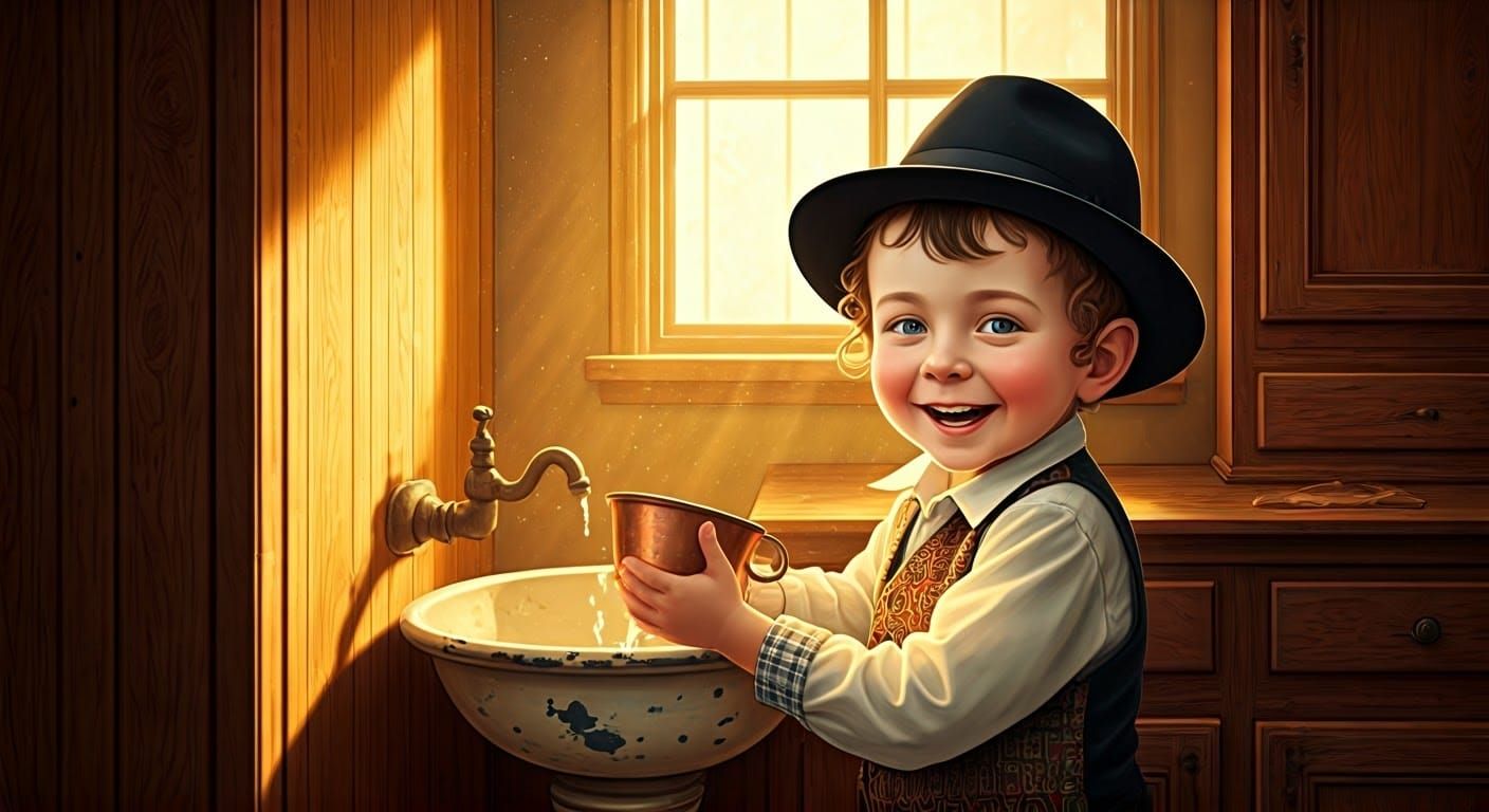 Chasidic Boy Washing Hands, Children's Book Illustration