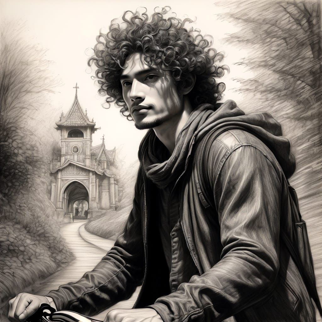 Detailed Charcoal Drawing: Man on Bike in Sunshine