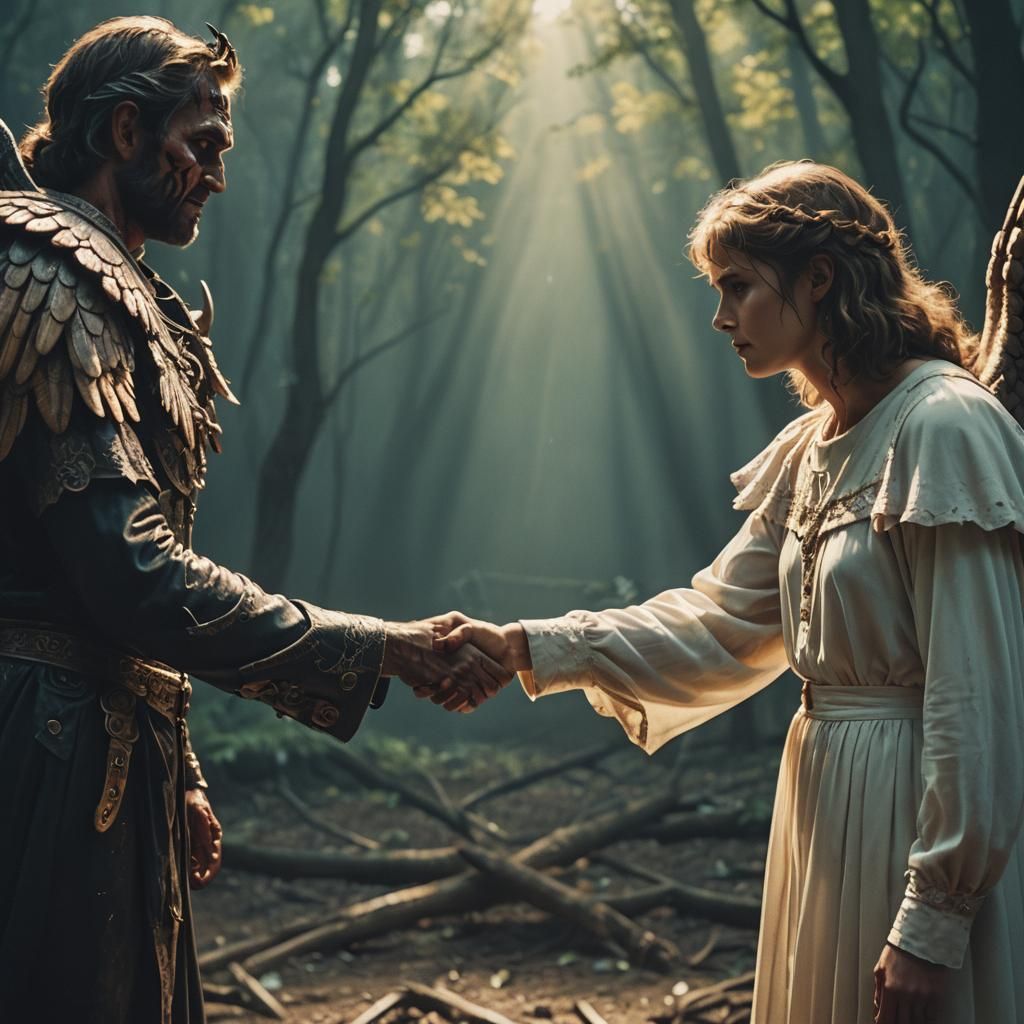 Angel and Devil Handshake: A Cinematic Still