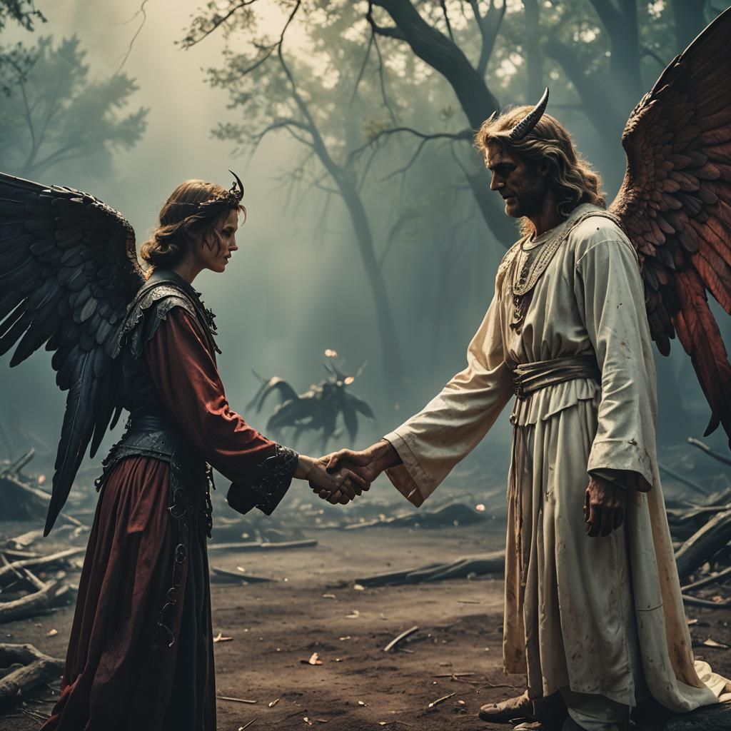 Angel and Devil Handshake: Cinematic Film Still