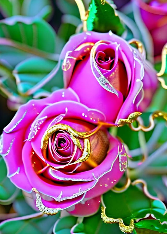 Melting Metal Rose in Bloom with Gold Accents