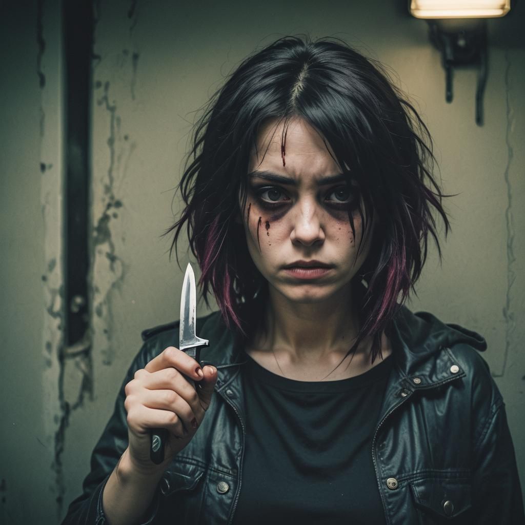 Dramatic Film Still of Emo Woman with Knife