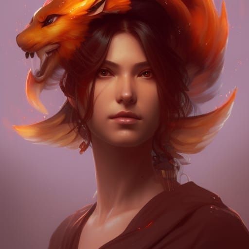 Fire Kitsune Portrait in Hyperdetailed Digital Art