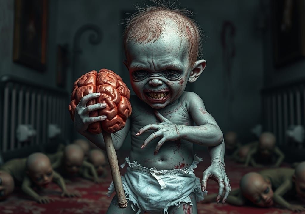 Scary Baby Zombie with Brain Rattle in Nursery