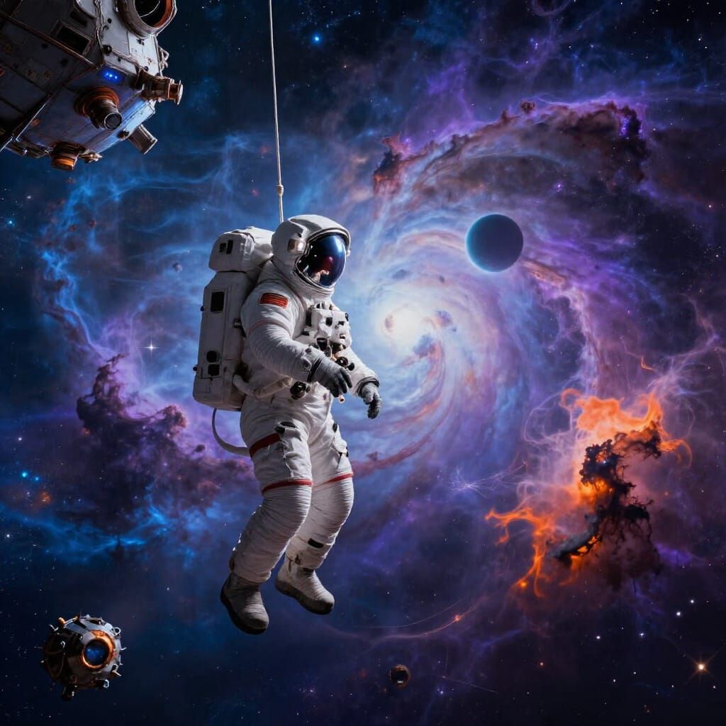 Astronaut Adrift in Cosmic Nebula Gazing at Distant Planet