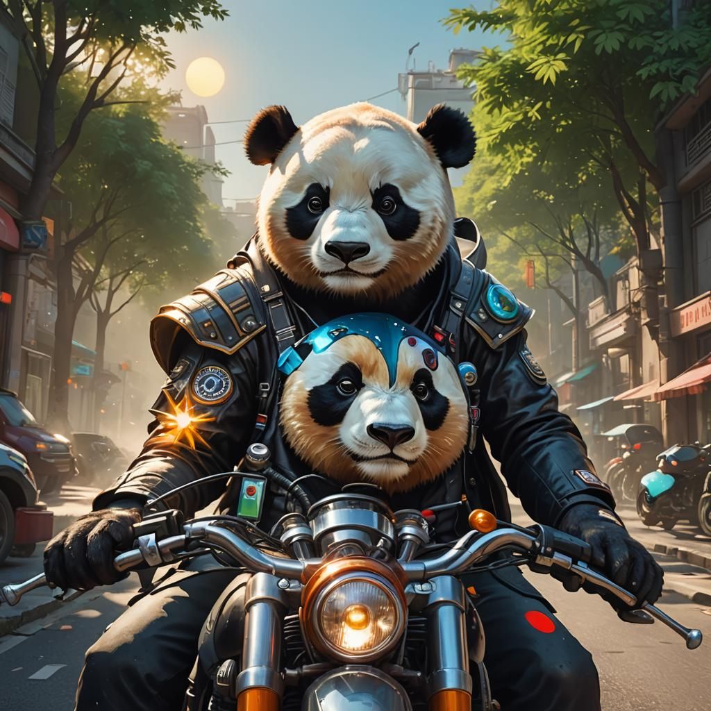 Panda on Motorcycle Portrait in Hyperdetailed Style