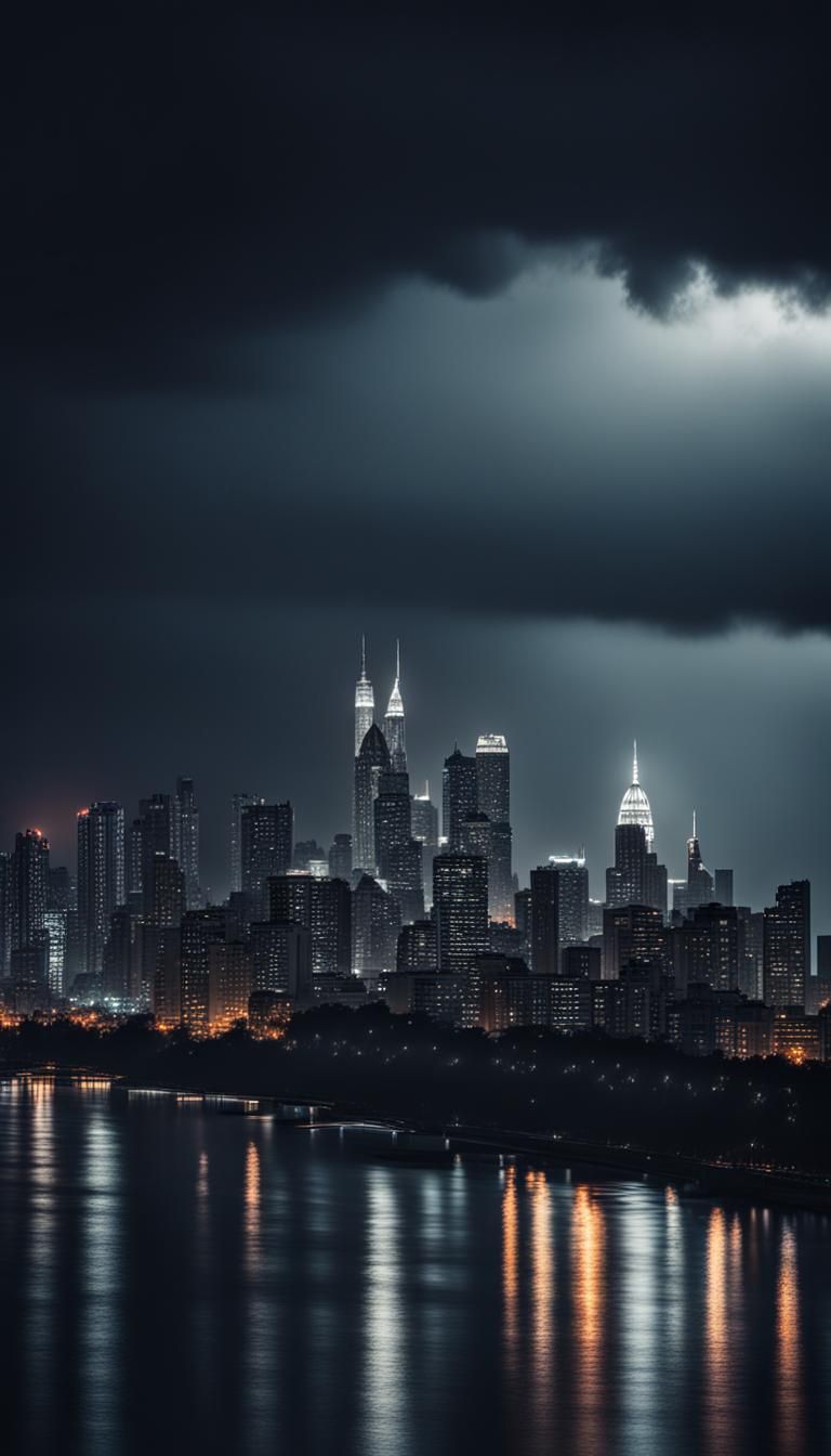 Atmospheric Midnight Rain Over Dark Cityscape