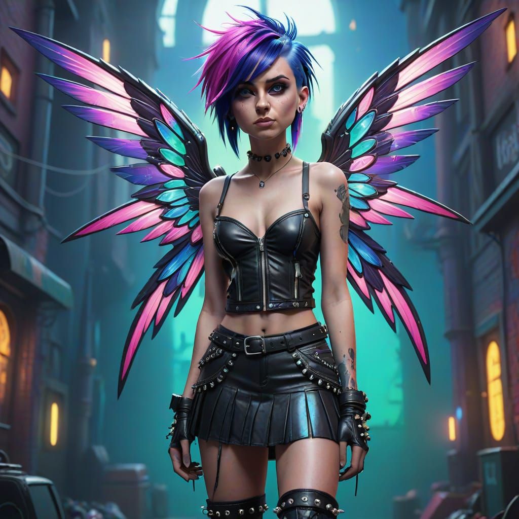 Cyberpunk Fairy with Radiant Neon Wings in a Fantasy Landsca...