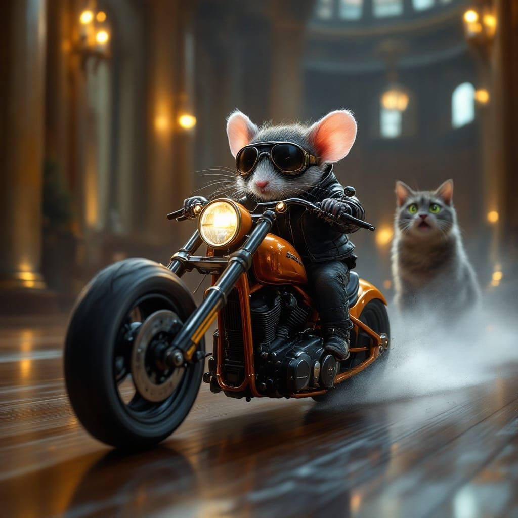 Miniature Motorcyclist Zips Through a Grand Room, Surrounded...