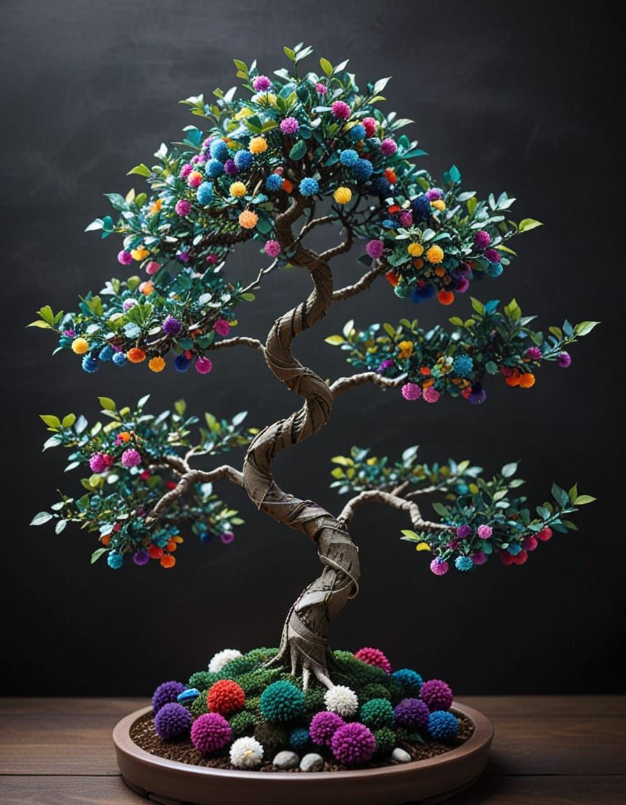 Colorful Pom Pom Bonsai Tree Art