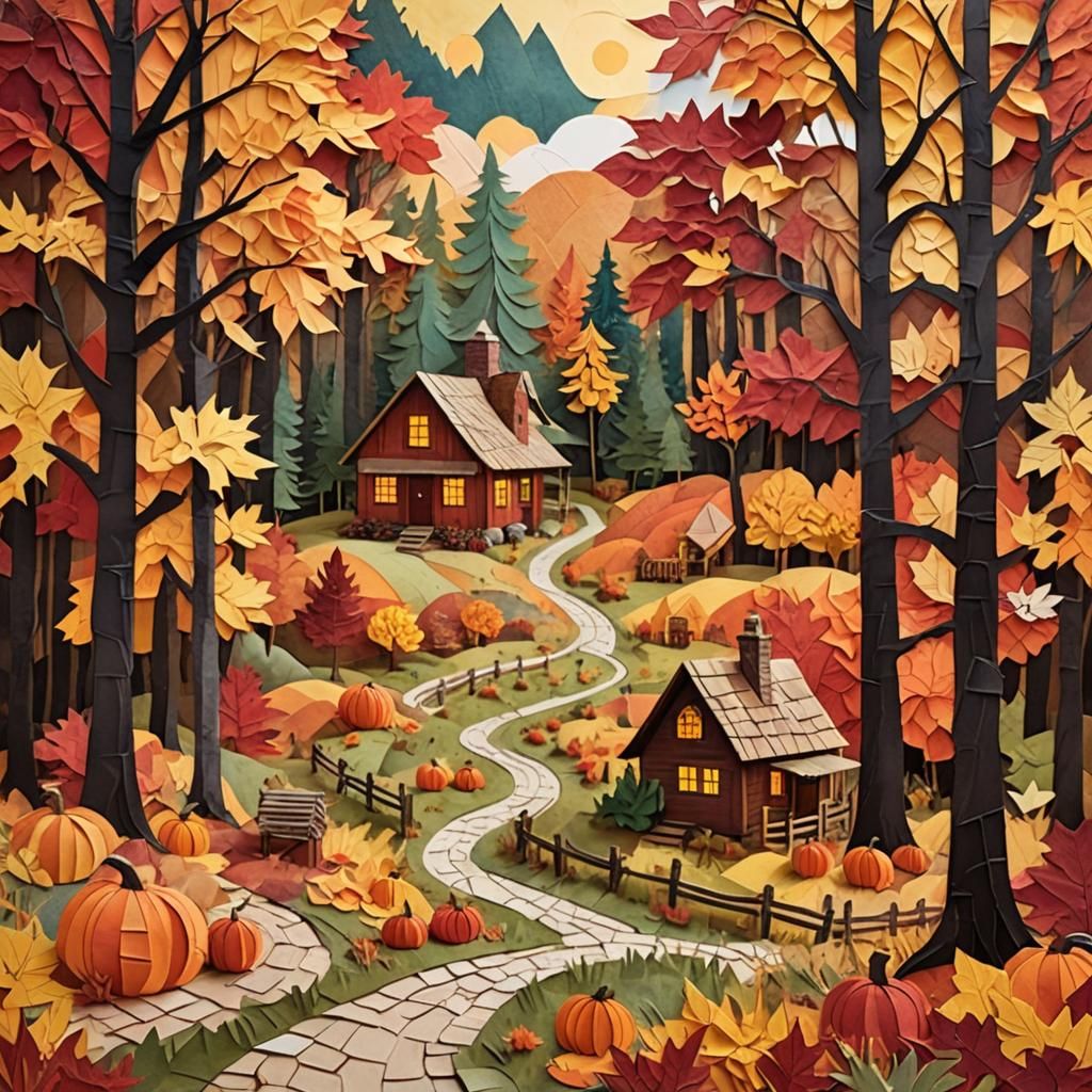 Autumn Paper Collage Art of Forest Cabin